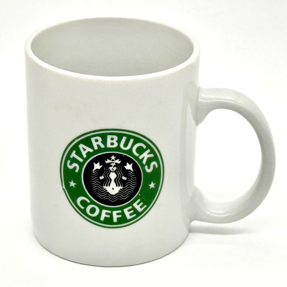 STARBUCKS Ceramic Coffee Mug Cup 12oz White Green Black Siren Mermaid Logo VNTG